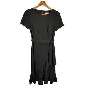 Calvin Klein Women's Stretch Knit Short Sleeve Black Glitter Faux Wrap Dress 4